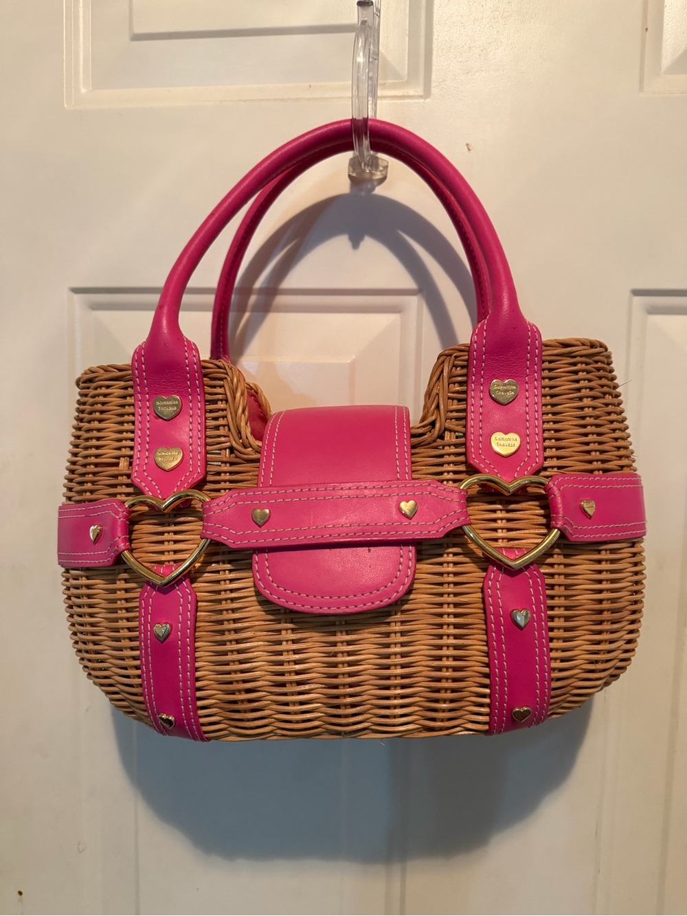 Pink Trim Wicker Satchel Bag